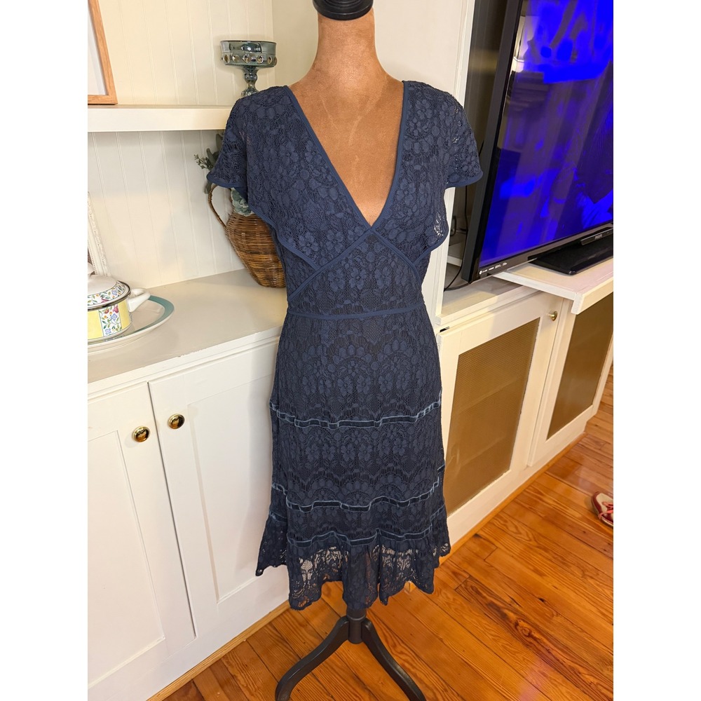 Foxiedox Navy Blue Lace V-Neck Midi Dress Velvet Trim Ruffle Hem XS